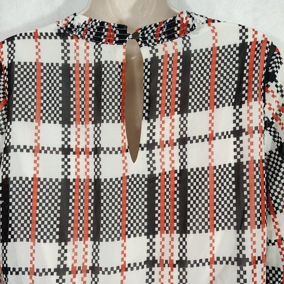 Honey Punch Sheer Blouson Dress Women Size M Cream Red Black Plaid Long Sleeve - Picture 7 of 10